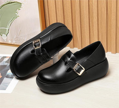 Women Round Toe Soft Soled Leather Wedge Shoes