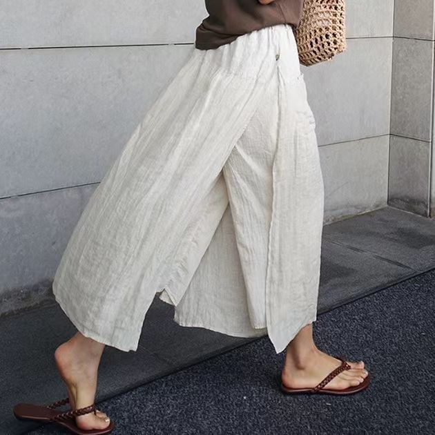 Women Slit Cotton Linen Wide Leg Cropped Pants