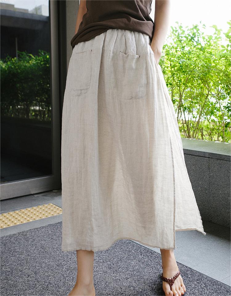 Women Slit Cotton Linen Wide Leg Cropped Pants