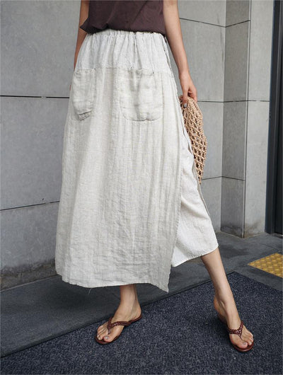 Women Slit Cotton Linen Wide Leg Cropped Pants