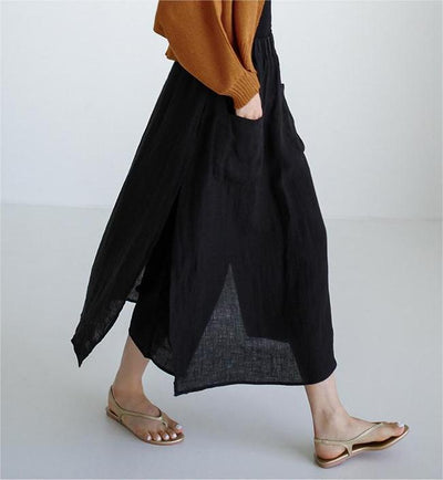 Women Slit Cotton Linen Wide Leg Cropped Pants