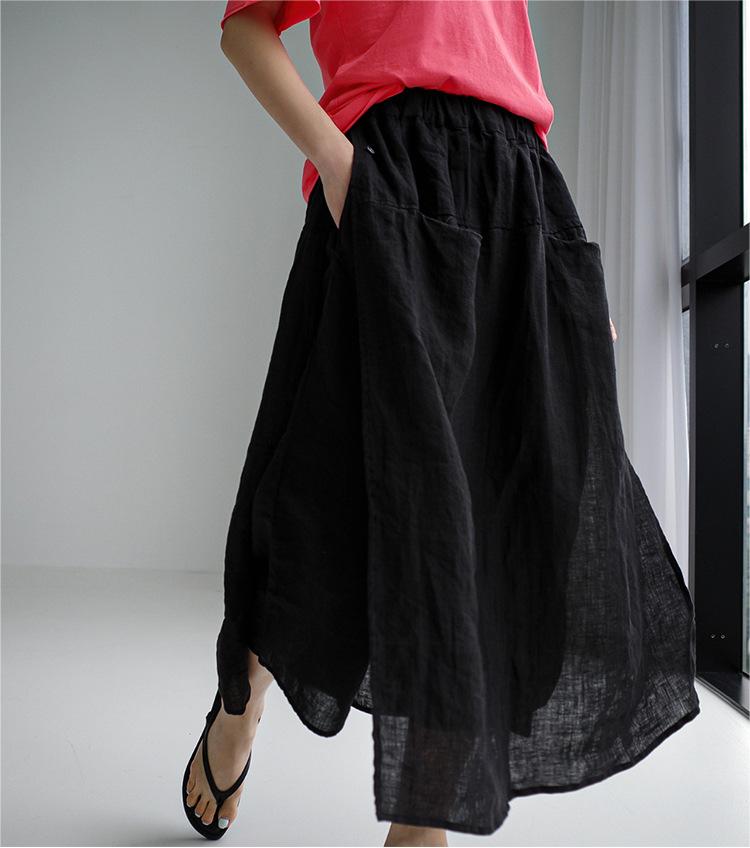 Women Slit Cotton Linen Wide Leg Cropped Pants