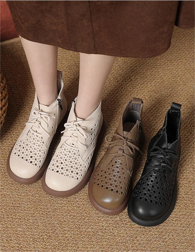 Women Soft Soled Lace Up Hollow Leather Ankle Boots