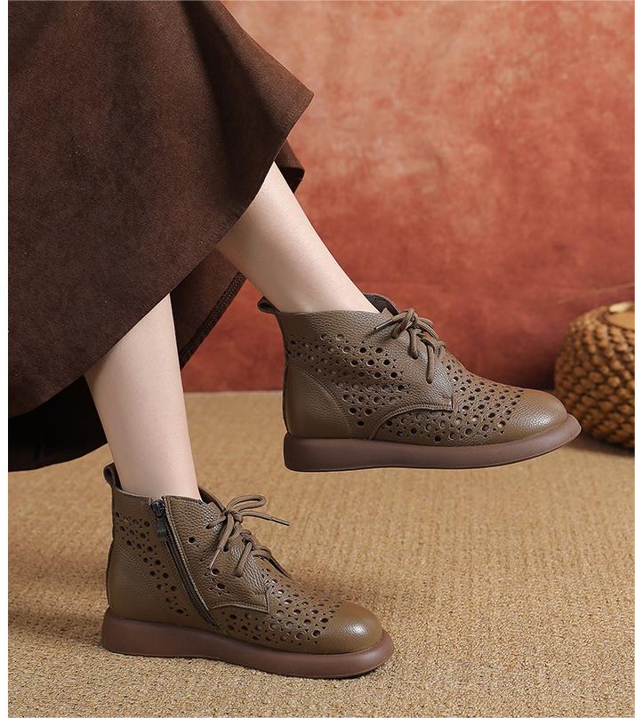 Women Soft Soled Lace Up Hollow Leather Ankle Boots