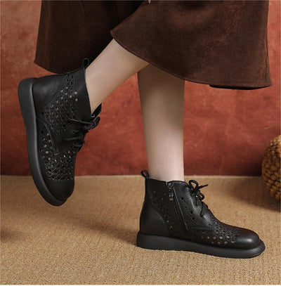 Women Soft Soled Lace Up Hollow Leather Ankle Boots