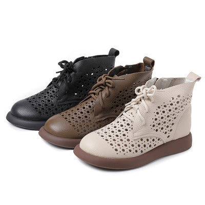 Women Soft Soled Lace Up Hollow Leather Ankle Boots