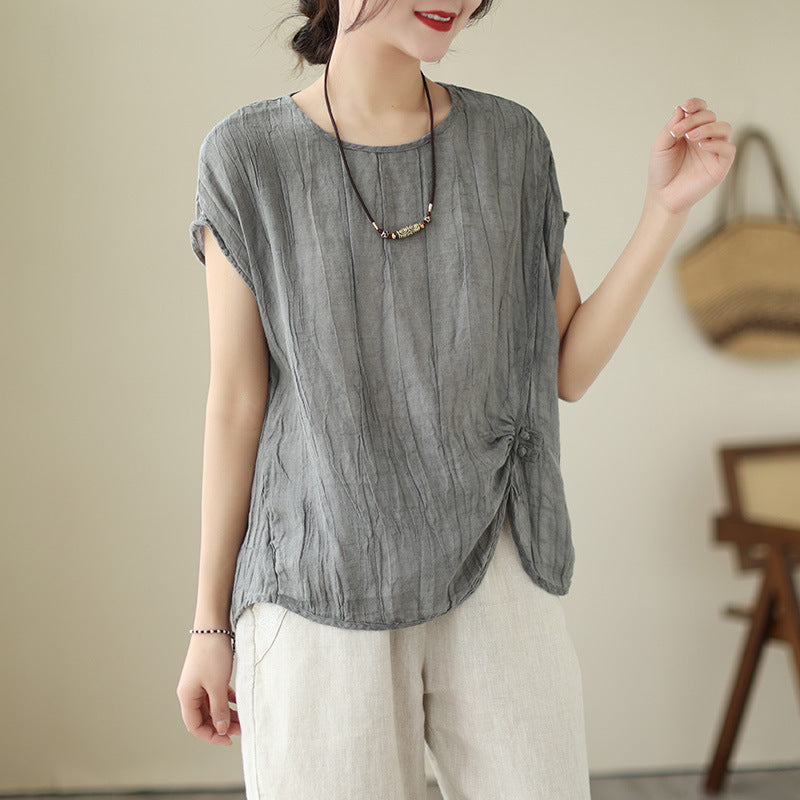 Women Solid Color Pleated Cotton Linen Tops