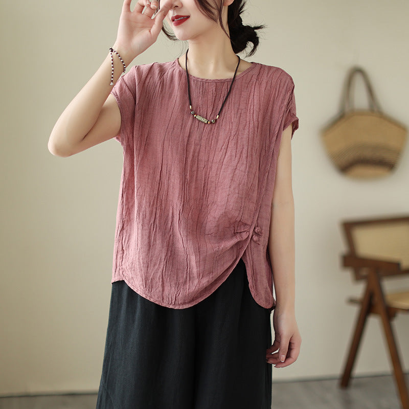 Women Solid Color Pleated Cotton Linen Tops