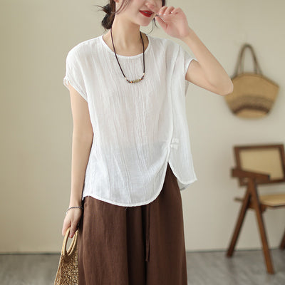 Women Solid Color Pleated Cotton Linen Tops