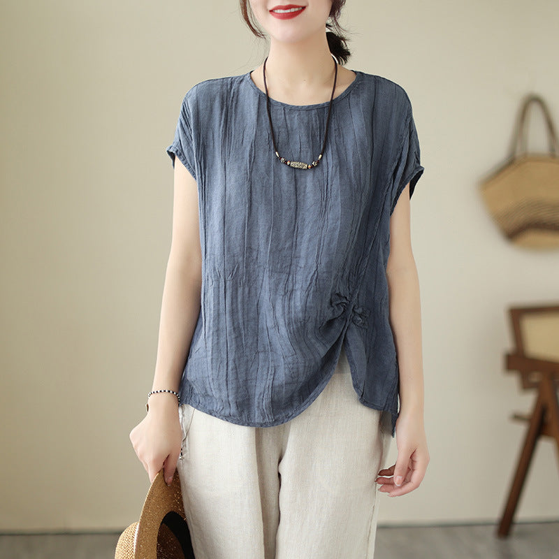 Women Solid Color Pleated Cotton Linen Tops