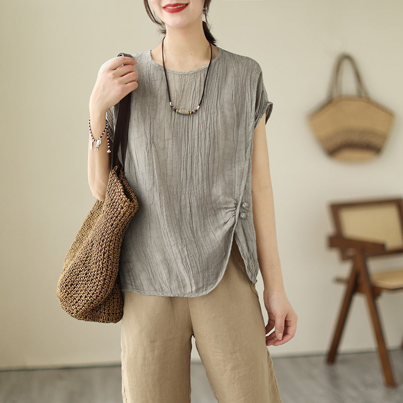 Women Solid Color Pleated Cotton Linen Tops