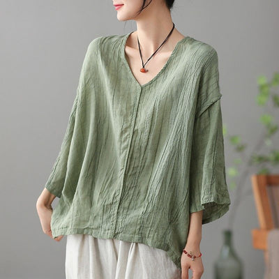 Women Solid Color V-Neck Creases Cotton Linen Blouses