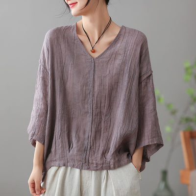 Women Solid Color V-Neck Creases Cotton Linen Blouses