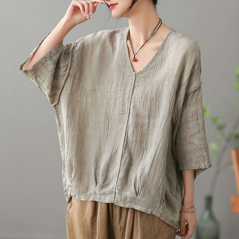 Women Solid Color V-Neck Creases Cotton Linen Blouses