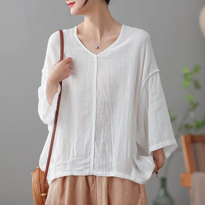 Women Solid Color V-Neck Creases Cotton Linen Blouses