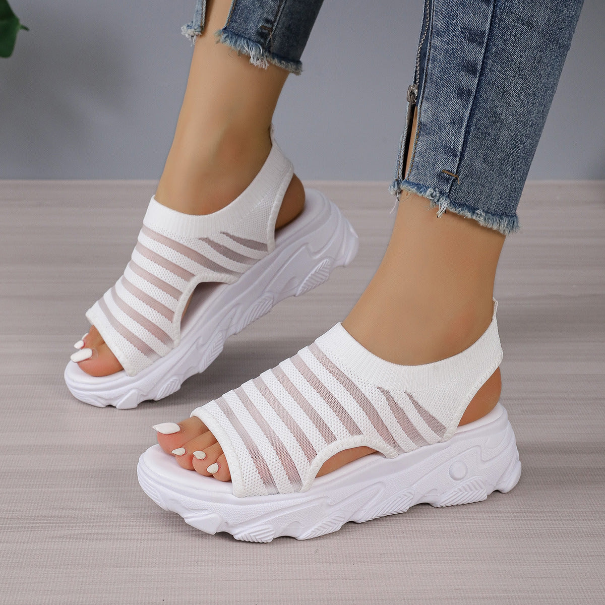 Women Striped Mesh Platform Peep-Toe Sandals