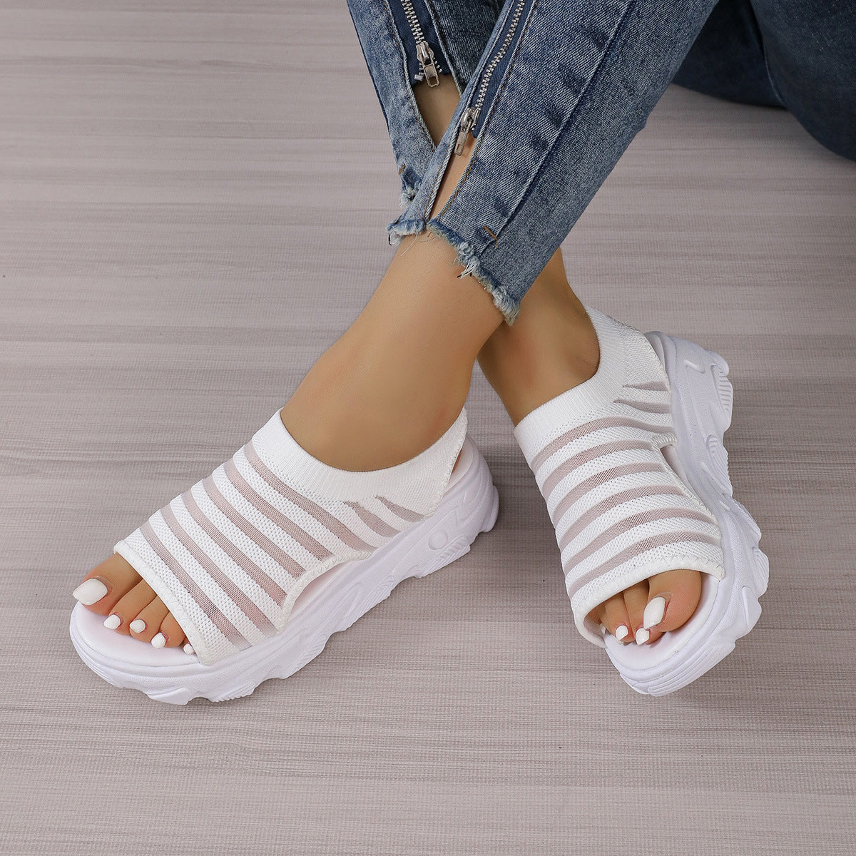 Women Striped Mesh Platform Peep-Toe Sandals