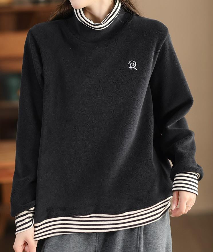 Women Stylish Casual Striped Spliced Fake Two-Piece Pullover