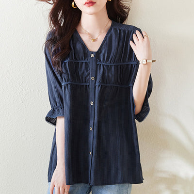 Women Summer Comfort Pleated Plaid Blouse