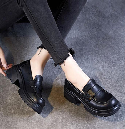 Women Thick- Soled Retro Loafers Black Mary Jane Shoes