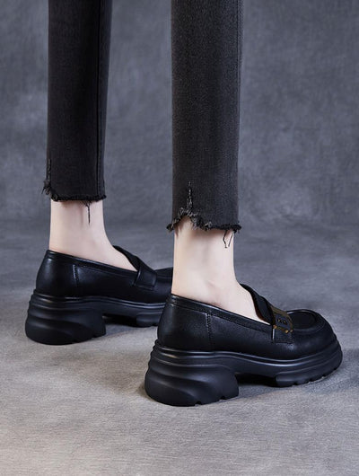 Women Thick- Soled Retro Loafers Black Mary Jane Shoes