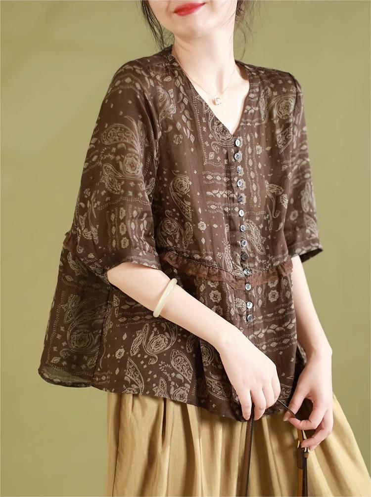 Women Vintage Lace Printed V-Neck Shirts