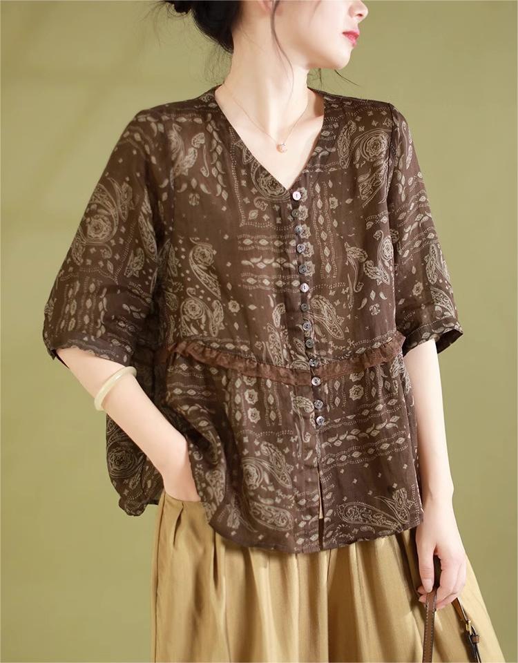 Women Vintage Lace Printed V-Neck Shirts