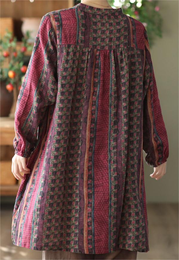 Women Vintage Printed Linen Midi Shirts