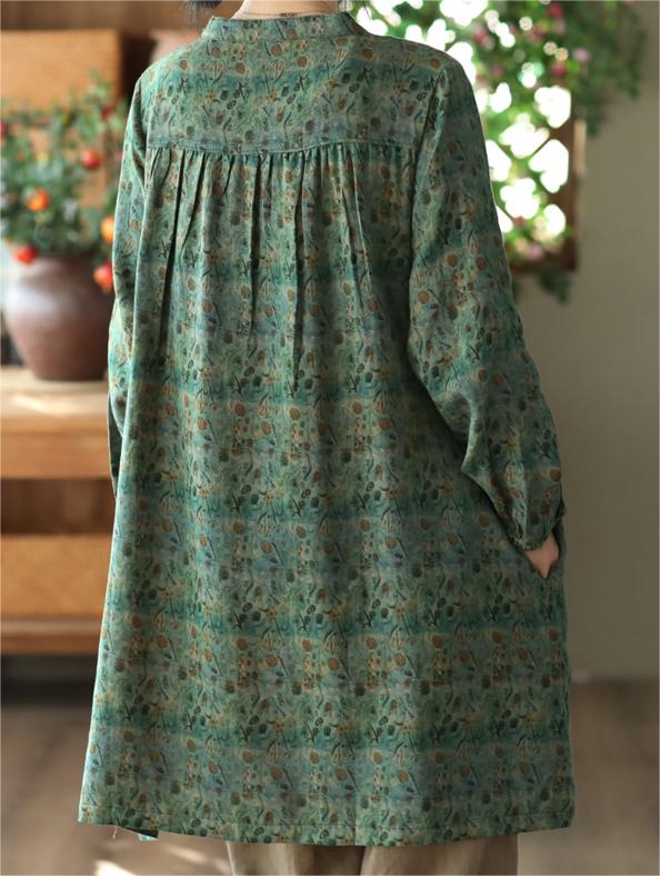 Women Vintage Printed Linen Midi Shirts