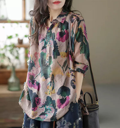 Women Vintage Printed Long Sleeves Linen Shirts