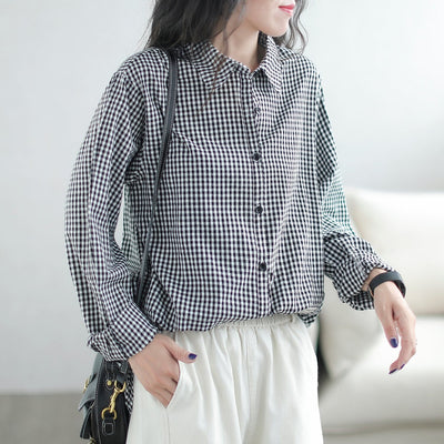 Autumn Casual Minimalist Plaid Cotton Loose Blouse