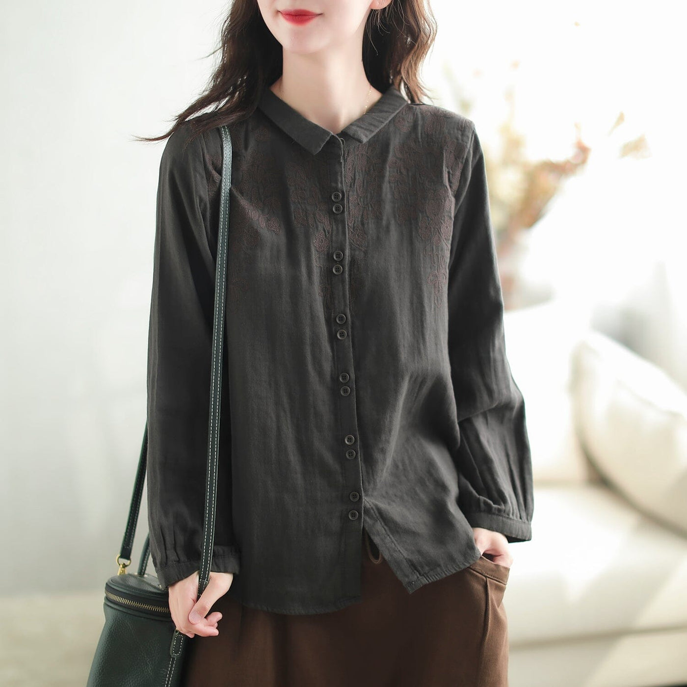 Autumn Retro Loose Embroidery Linen Casual Blouse