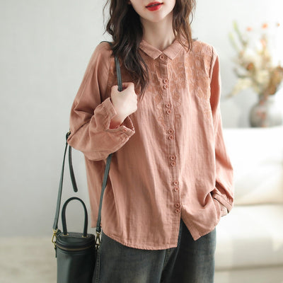 Autumn Retro Loose Embroidery Linen Casual Blouse