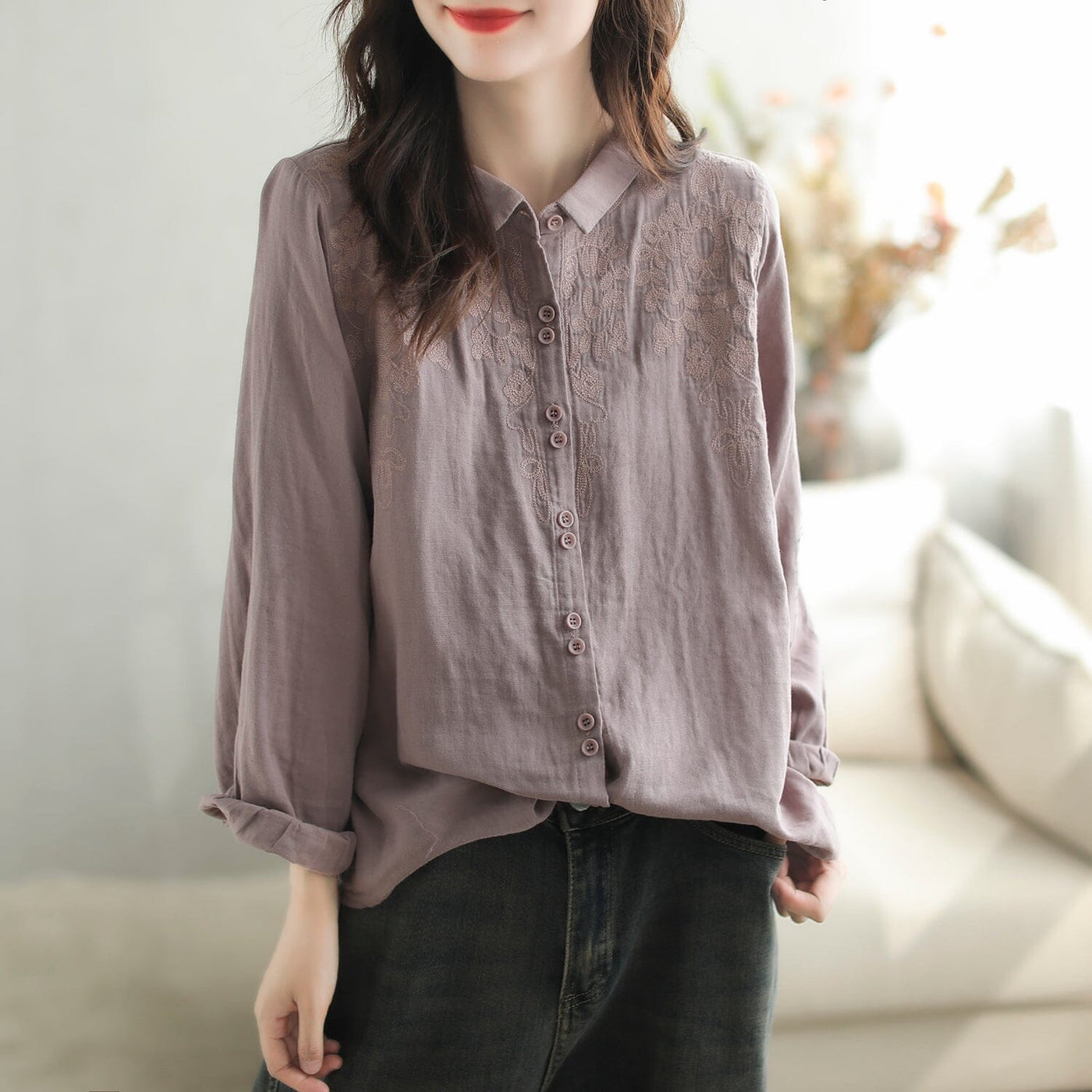 Autumn Retro Loose Embroidery Linen Casual Blouse