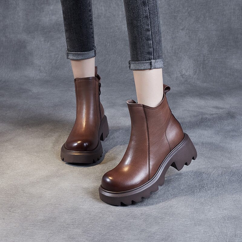 Autumn Retro Minimalist Leather Chunky Sole Boots