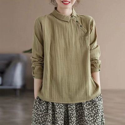 Autumn Retro Pleated Solid Linen Blouse