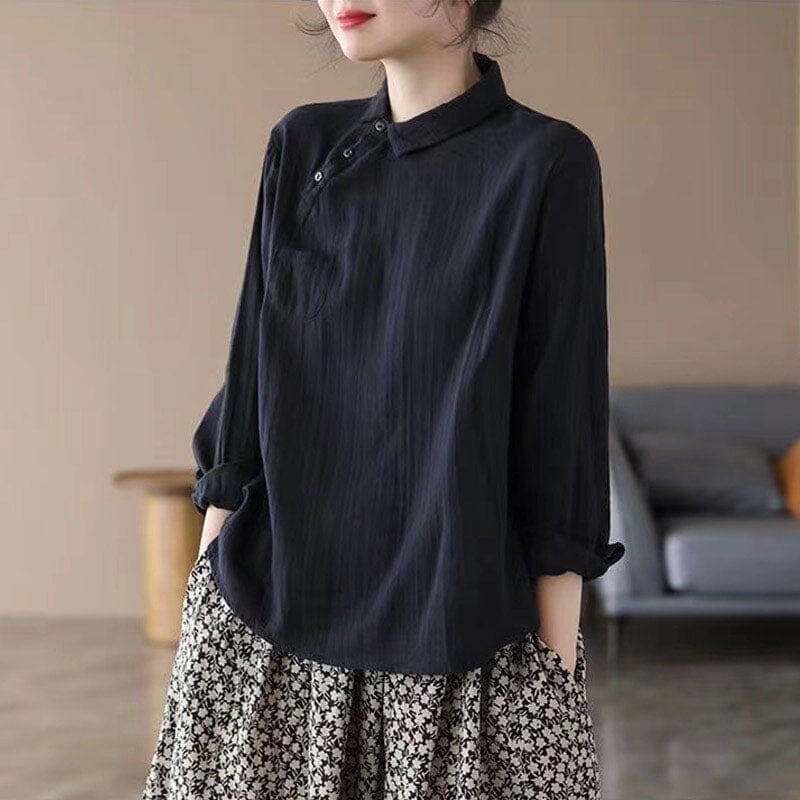 Autumn Retro Pleated Solid Linen Blouse