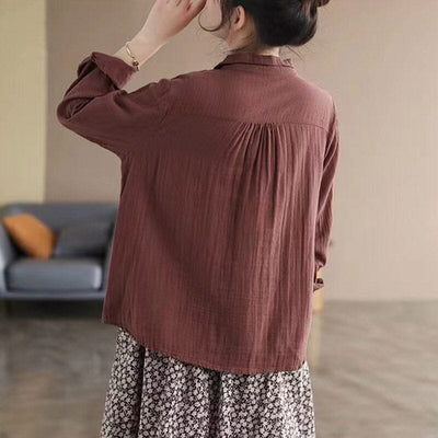 Autumn Retro Pleated Solid Linen Blouse