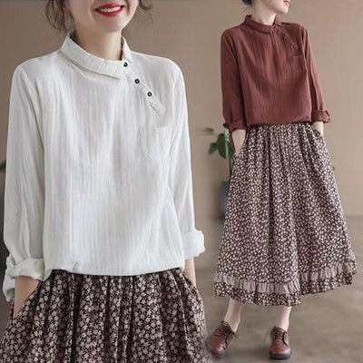 Autumn Retro Pleated Solid Linen Blouse