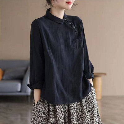 Autumn Retro Pleated Solid Linen Blouse