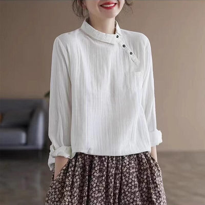 Autumn Retro Pleated Solid Linen Blouse