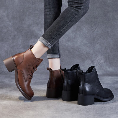 Autumn Retro Solid Leather Heel Ankle Boots