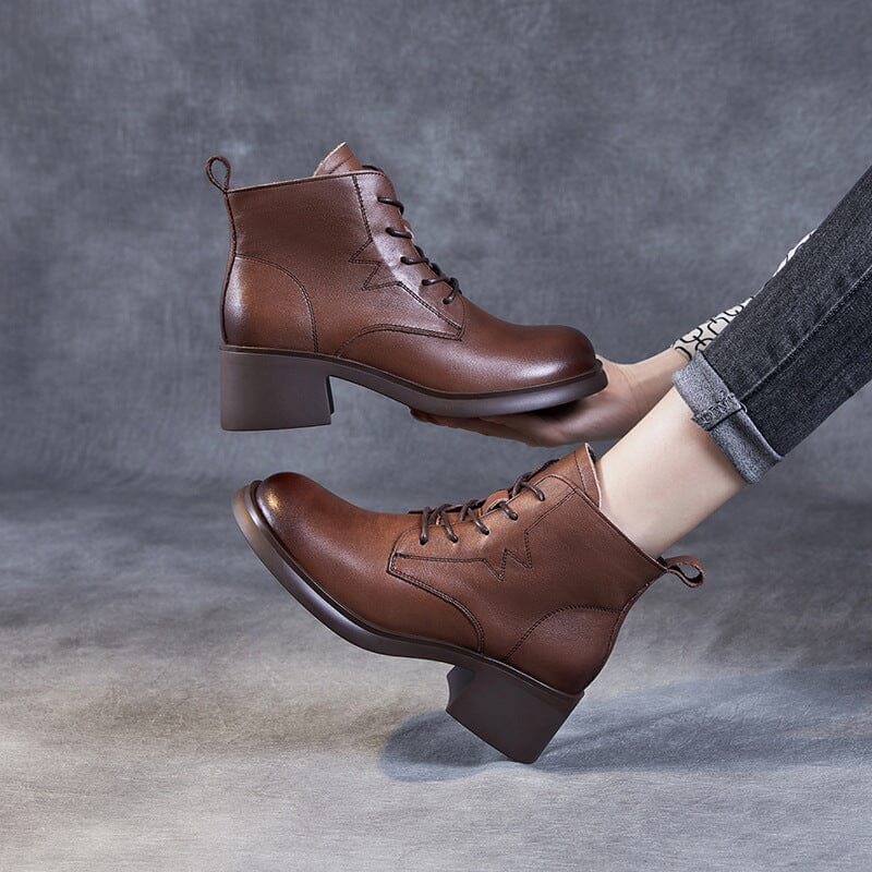 Autumn Retro Solid Leather Heel Ankle Boots