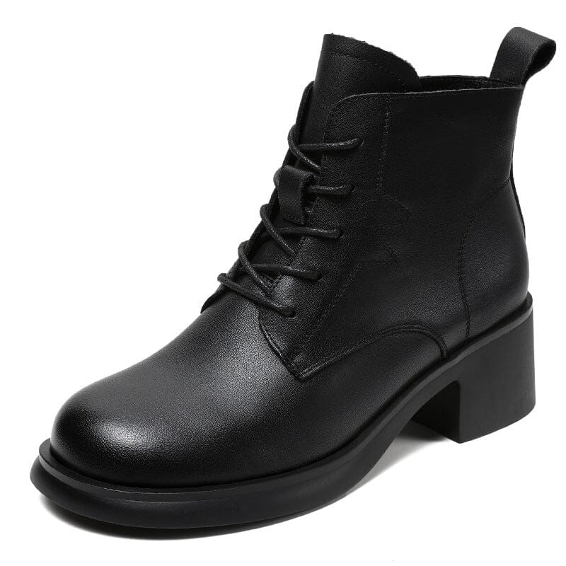 Autumn Retro Solid Leather Heel Ankle Boots