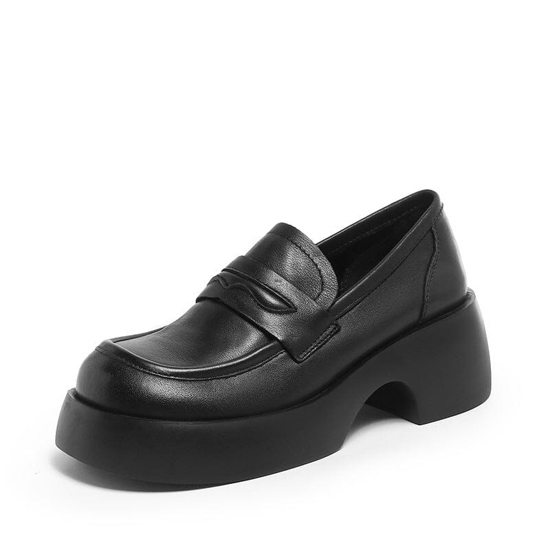 Autumn Retro Solid Leather Wedge Platform Loafers – Babakud