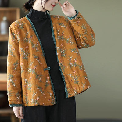 Autumn Winter Lace Floral Thick Padded Cotton Coat