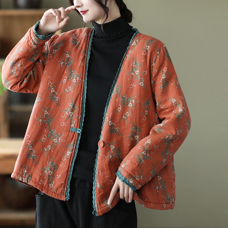 Autumn Winter Lace Floral Thick Padded Cotton Coat