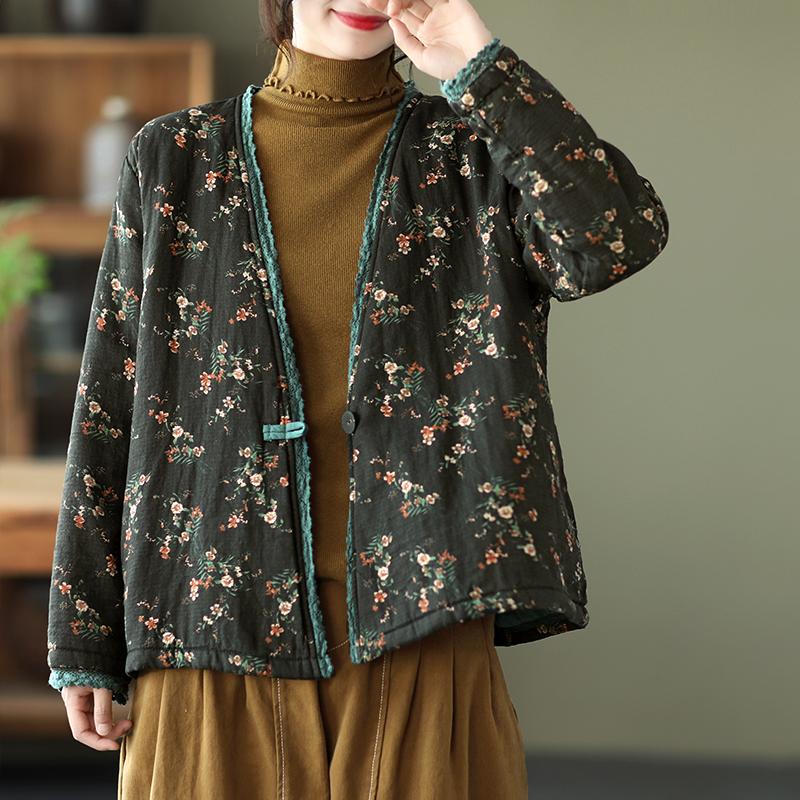 Autumn Winter Lace Floral Thick Padded Cotton Coat