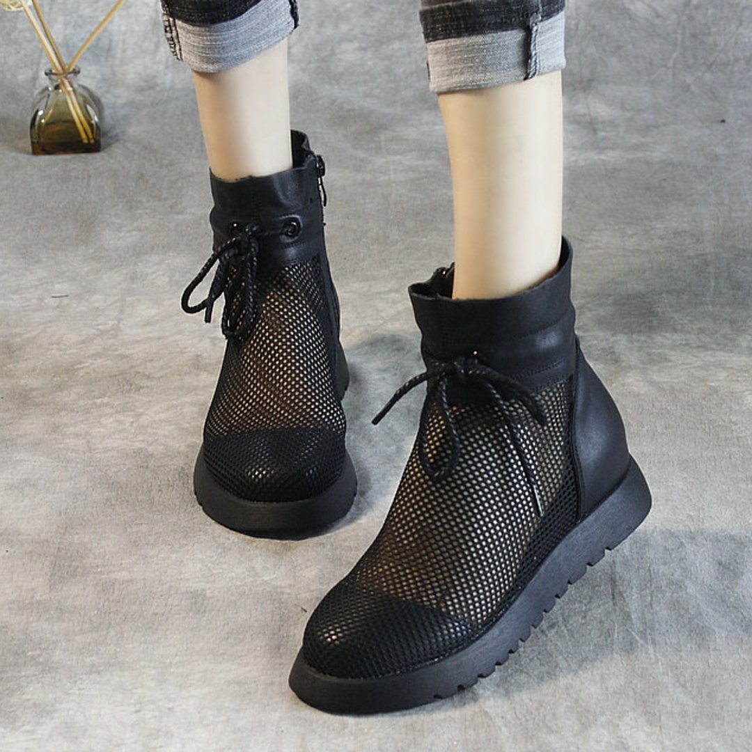 Babakud Lace Up Platform Mesh Leather Ankle Boots