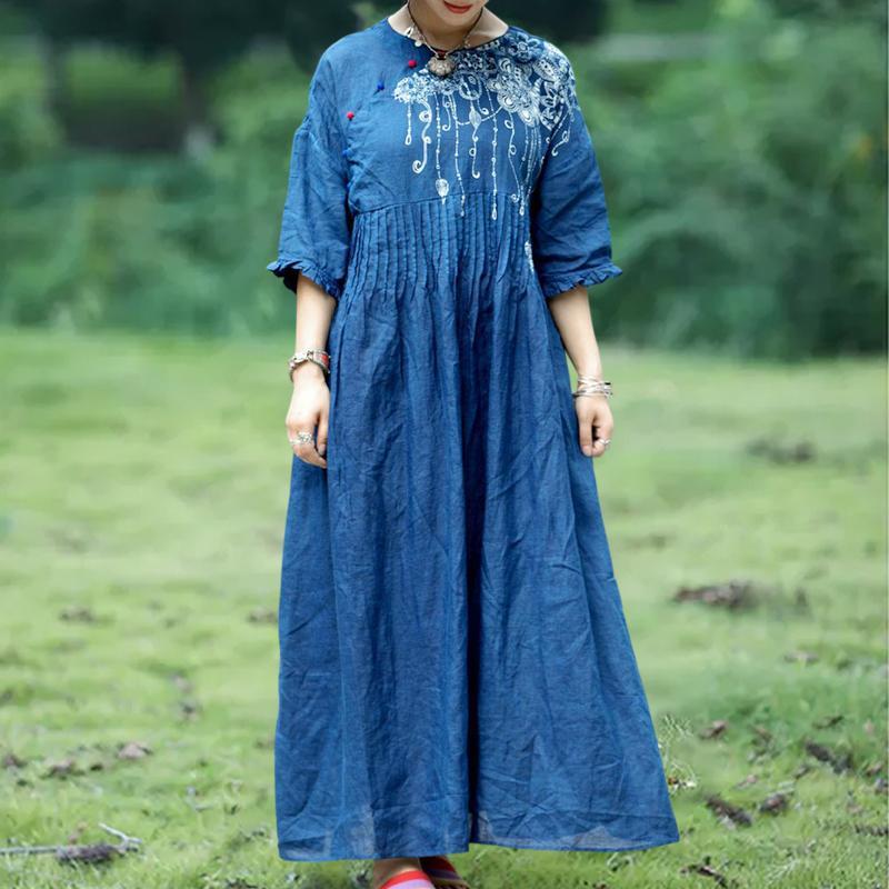BABAKUD Plant Dyed Blue Batik Texture Cotton Linen Loose Handmade Dres ...